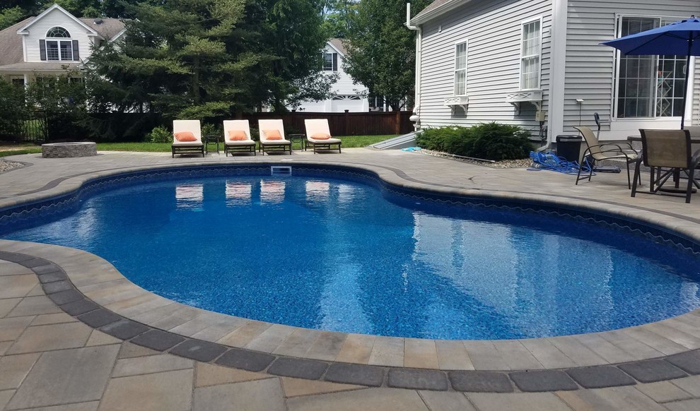 This is an example of a mid-sized modern backyard custom-shaped natural pool in Boston with concrete pavers.