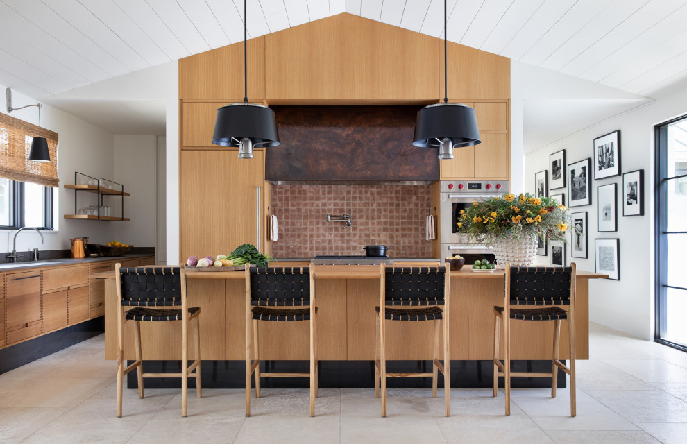 Inspiration for a traditional l-shaped kitchen in Dallas with flat-panel cabinets, medium wood cabinets, brown splashback, integrated appliances, an island, beige floors, grey worktops, a timber clad ceiling and a vaulted ceiling.