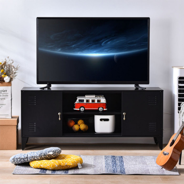 Black Tv with storage shelf metal TV entertainment center