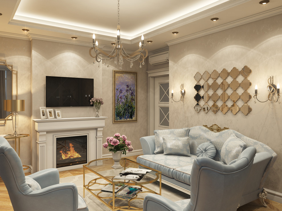 This is an example of a mid-sized traditional enclosed living room in Other with beige walls, light hardwood floors, a standard fireplace, a wood fireplace surround, a wall-mounted tv and beige floor.
