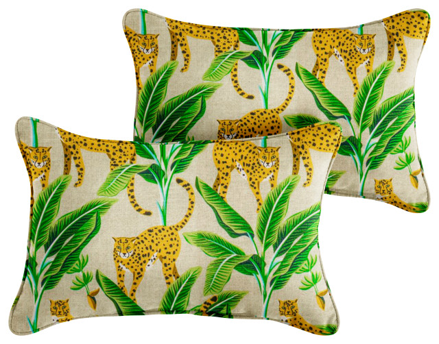 Yellow and Green Outdoor Lumbar Pillow Set of 2 Tropical Outdoor