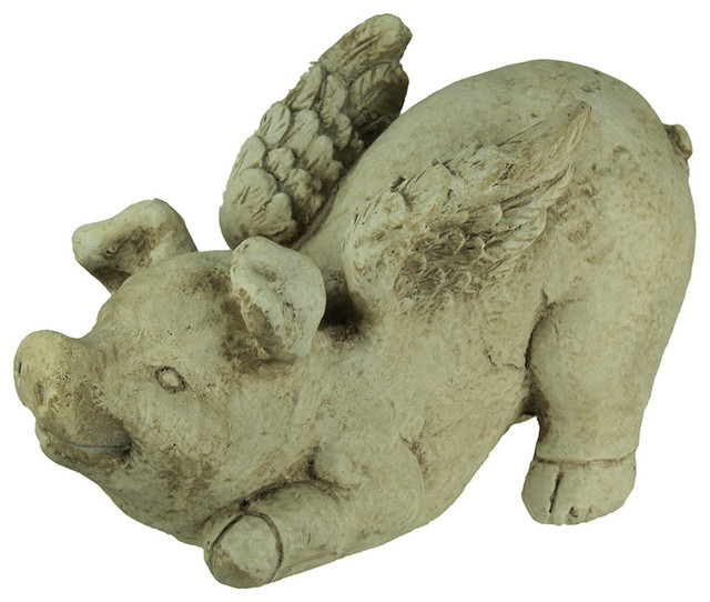 DIstressed Antique White Cement Flying Pig Statue Farmhouse Garden