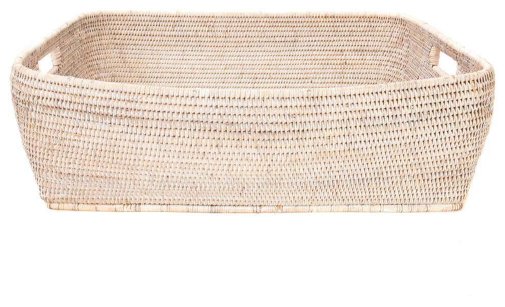 Artifacts Rattan Rectangular Oblong Storage Basket, White Wash, Small