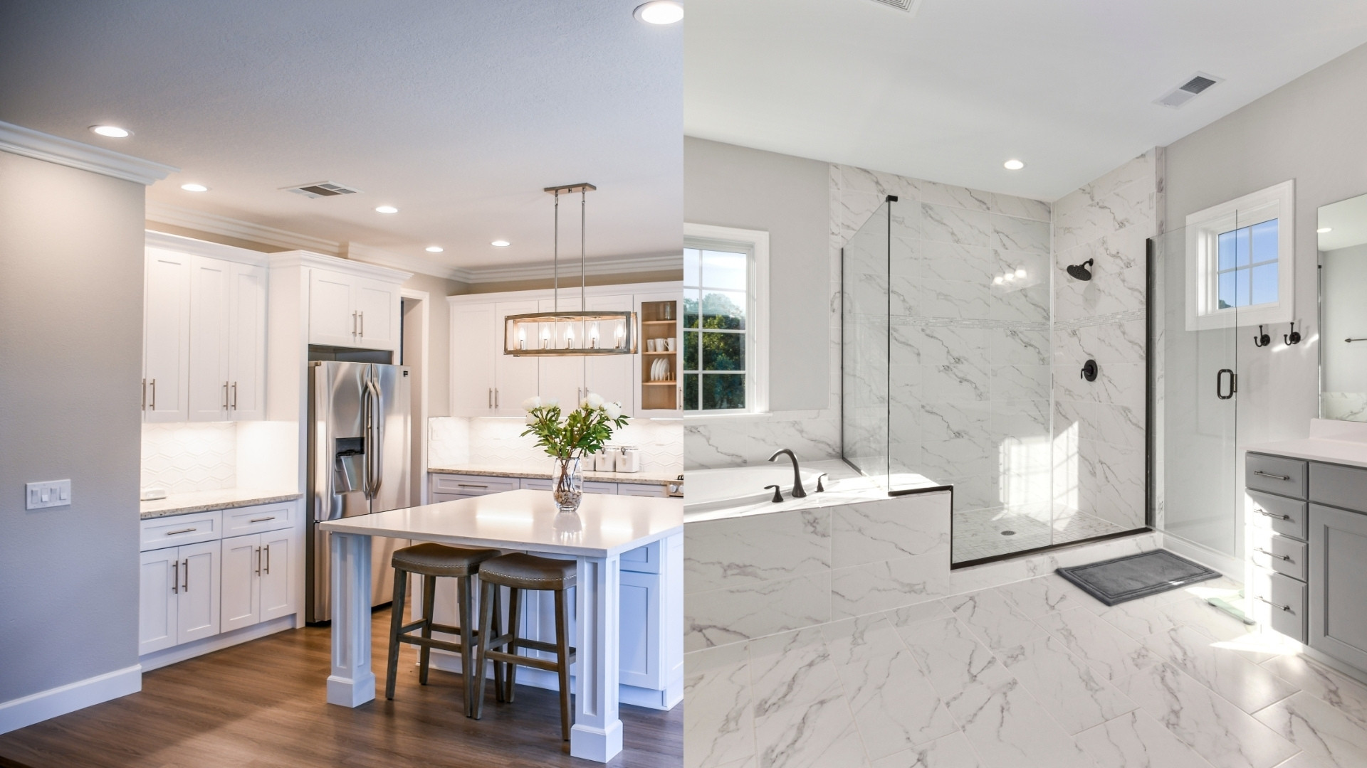 Side-by-side images of a remodeled kitchen and bathroom, showcasing the best home upgrades for return on investment.