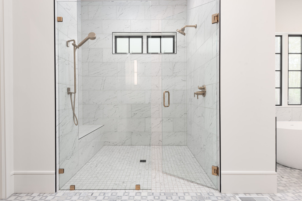 Freestanding bathtub - mid-sized transitional master white tile and ceramic tile porcelain tile, white floor and double-sink freestanding bathtub idea with flat-panel cabinets, black cabinets, a one-piece toilet, white walls, an undermount sink, quartz countertops, a hinged shower door, white countertops and a built-in vanity