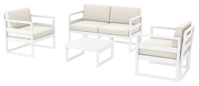 Compamia Mykonos 4 Person White Lounge Set with Acrylic Fabric Natural Cushions