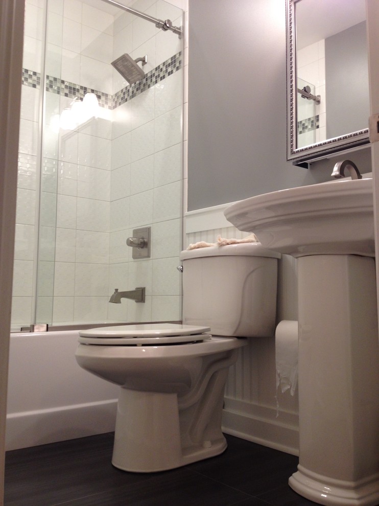Home design - small transitional kids' white tile and ceramic tile porcelain tile home design idea with a pedestal sink and gray walls