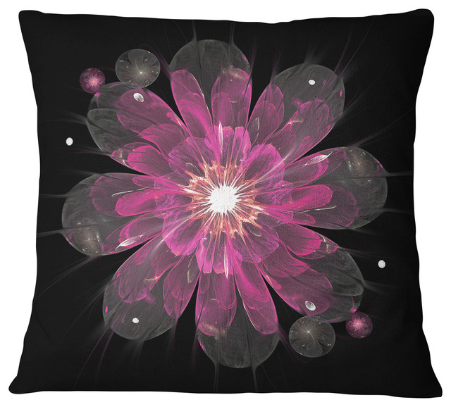 Shiny Light Pink Fractal Flower On Black Floral Throw Pillow