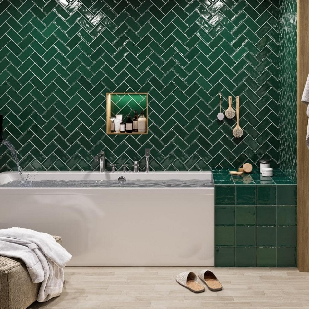 Photo of a small bathroom in Other with green tiles, ceramic tiles and green walls.