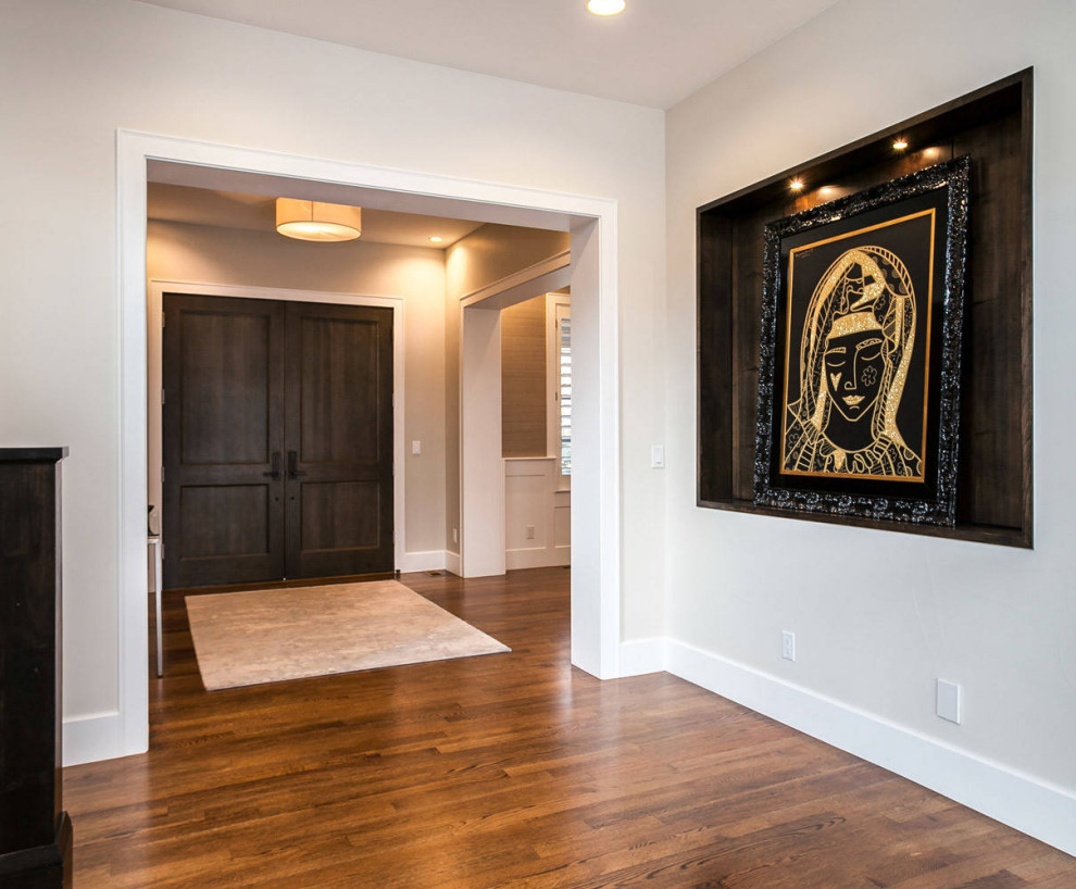 Mid-sized transitional dark wood floor and brown floor front door photo in Miami with beige walls and a brown front door