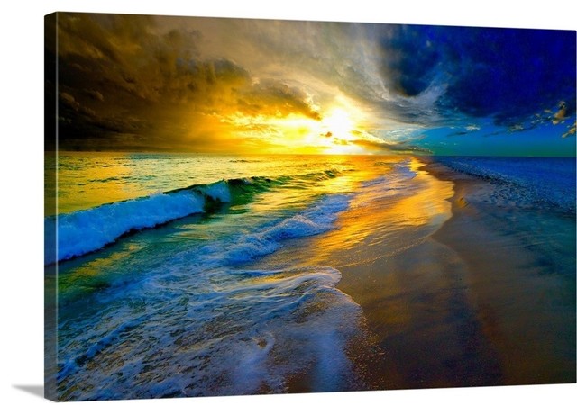 Beautiful Ocean Sunset Prints Waves And Beach Wrapped Canvas Art Print, 48"