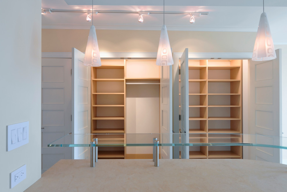 This is an example of a mid-sized modern gender-neutral built-in wardrobe in New York with recessed-panel cabinets.