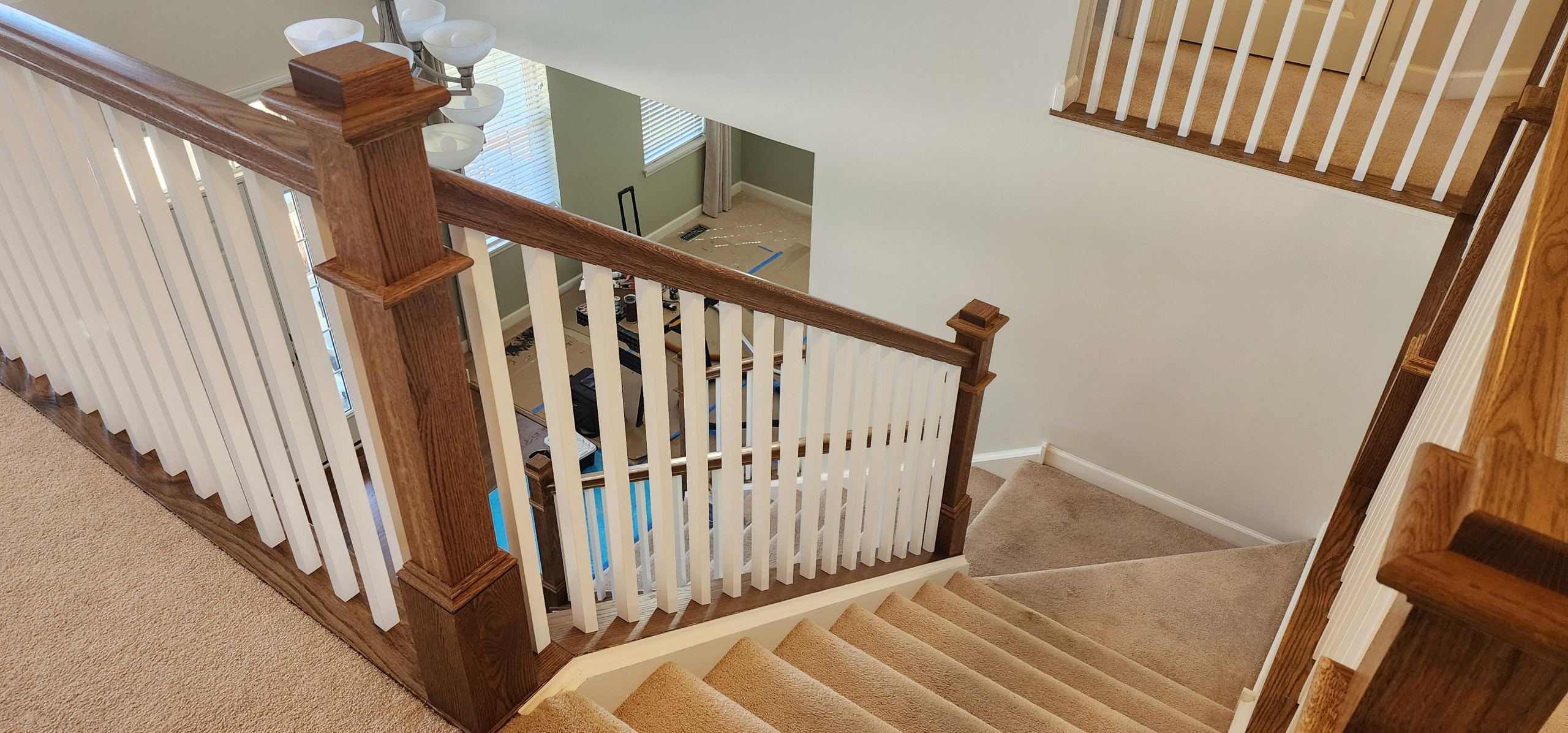 White Oak Provincial Box Newels with square white balusters