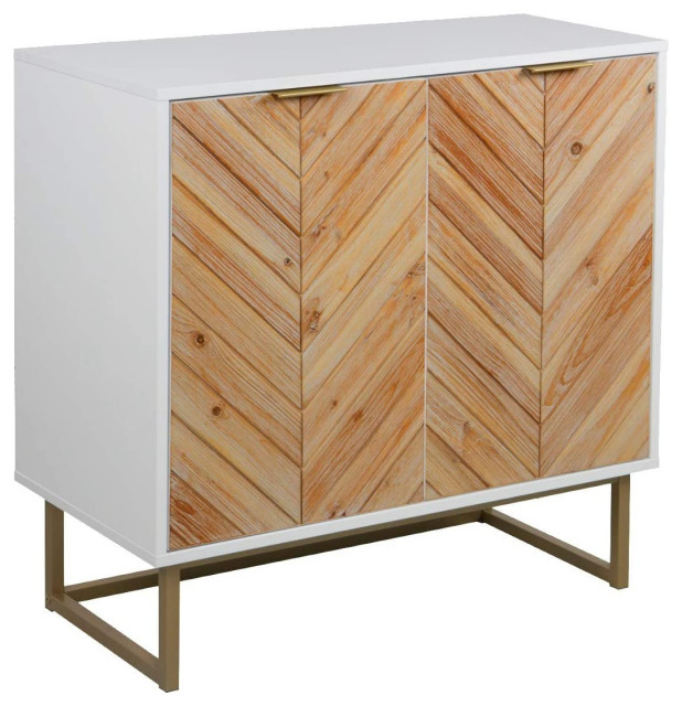 Modern Storage Cabinet, Doors With Herringbone Pattern & Inner Shelf, White/Gold