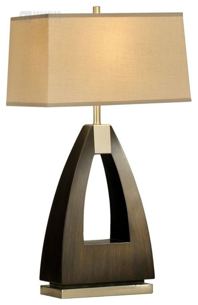 Trina Triangle Base Table Lamp With Tan Linen Shade