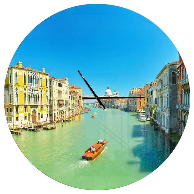 Green Grand Canal Venice Oversized Coastal Metal Clock, 36x36 Contemporary Wall Clocks by