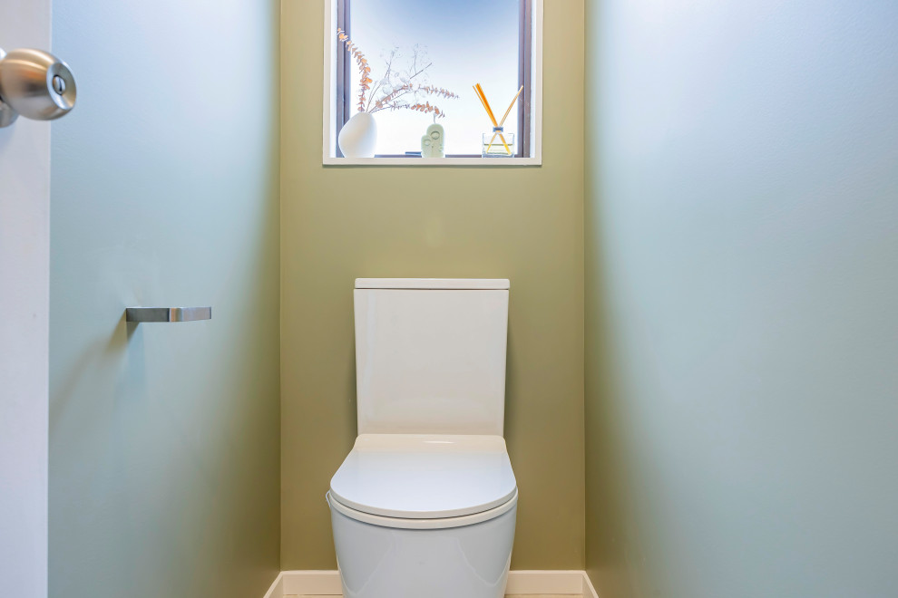 Imagen de aseo minimalista pequeño con sanitario de una pieza, paredes verdes, suelo de baldosas de porcelana y suelo blanco
