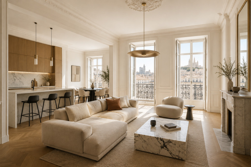 Appartement haut de gamme rénové à Marseille avec cuisine ouverte contemporaine, salon lumineux et architecture d’intérieur sur mesure.