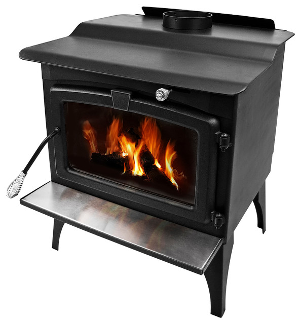 large wood burning stove with blower and ceramic glass