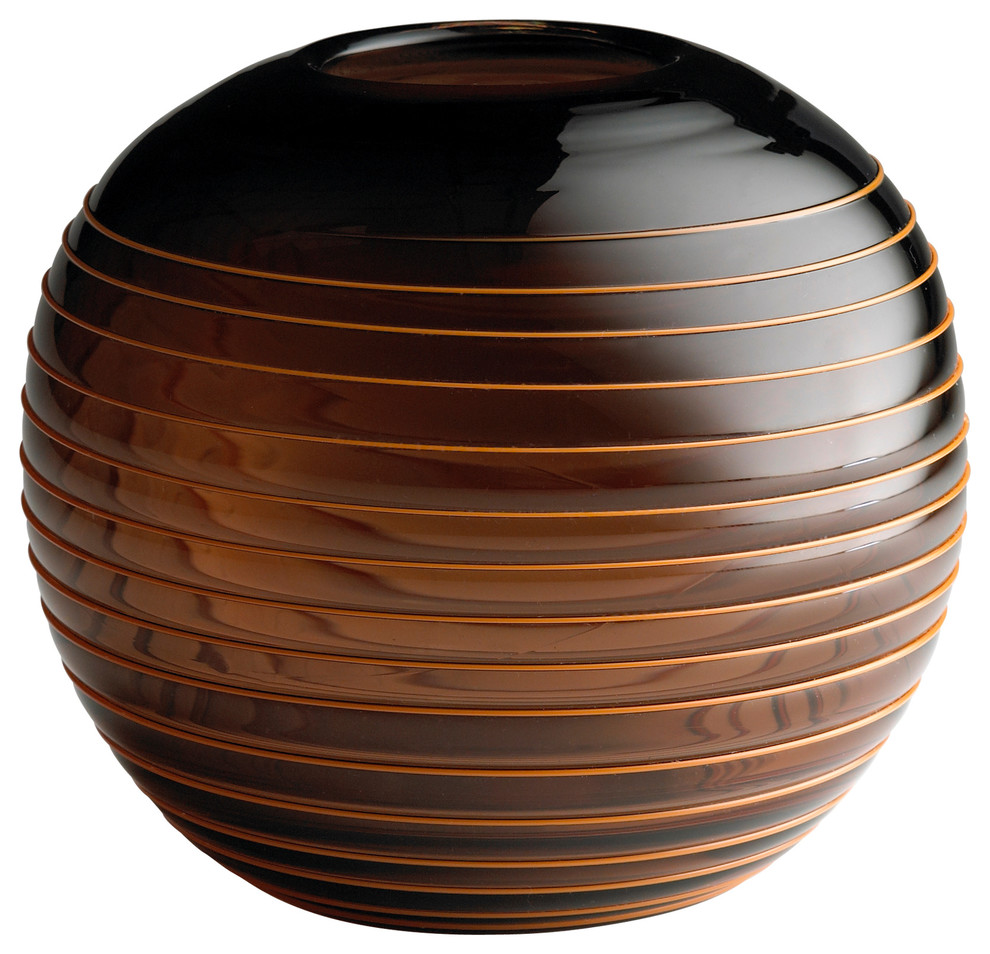 Large Amber Brown Striped Glass Modern Ball Vase