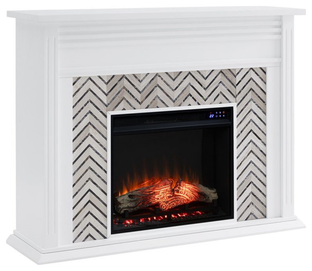 Bowery Hill Contemporary WoodTiled Marble Electric Fireplace in White