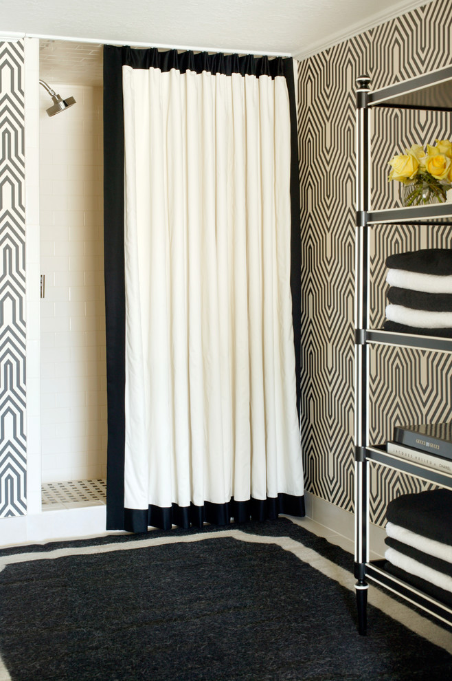 This is an example of a mid-sized transitional bathroom in Little Rock with an alcove shower, multi-coloured walls and black and white tile.