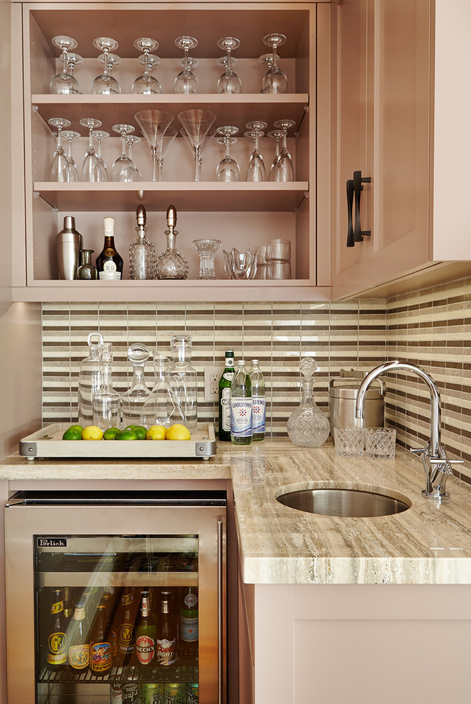 Design ideas for a small transitional wet bar in San Francisco with beige cabinets and multi-coloured splashback.