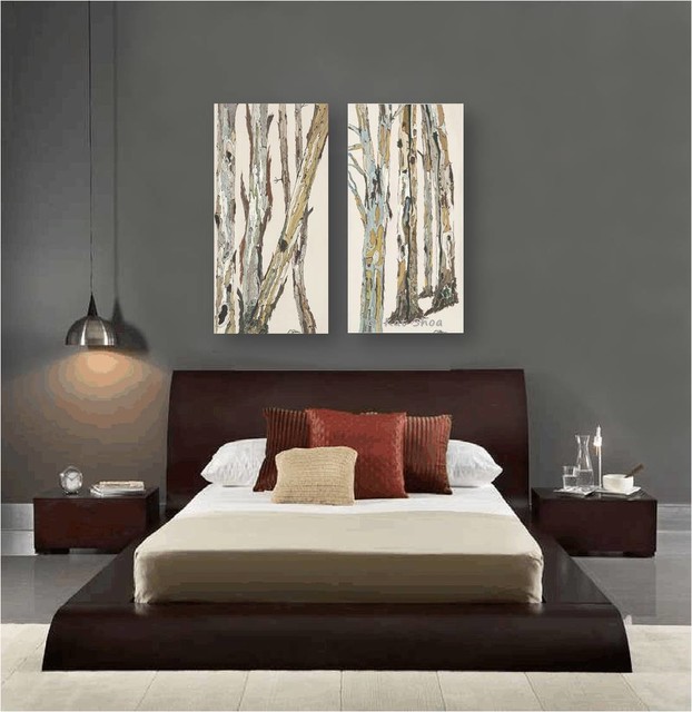 Contemporary Bedroom Design Dark Gray Walls Artwork Zen