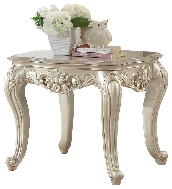 Acme Traditional Side Table With Marble And Antique White Finish 82442