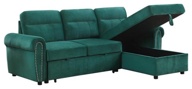 Maklaine Velvet Fabric Reversible Sleeper Sectional Sofa Chaise in Gray ...