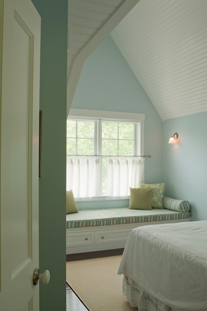 Mid-sized arts and crafts guest bedroom in Portland Maine with yellow walls and dark hardwood floors.