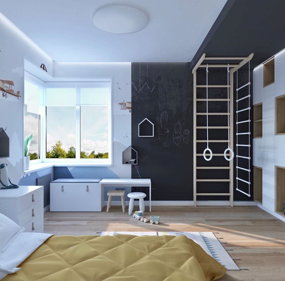 Детская с горами и самолетами на стенах от Alltowall - обои для рисования мелом