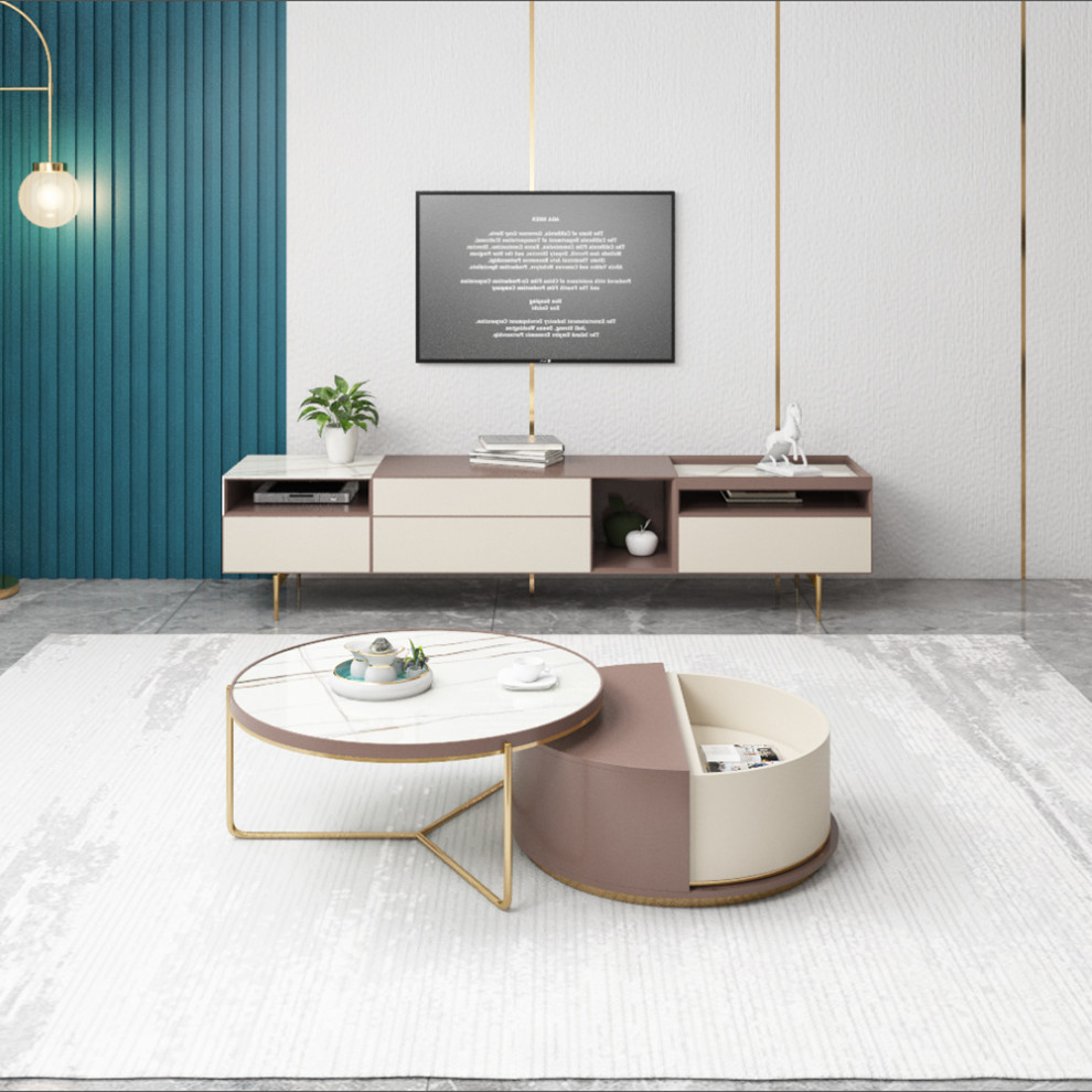 Modern Stone Top Coffee Table Set with Storage Round Nesting Coffee