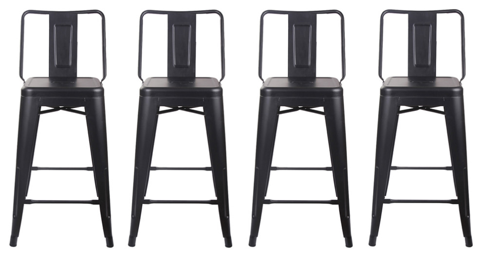 Metal Black Bar Stools With Middle Back, Set of 4 Industrial Bar
