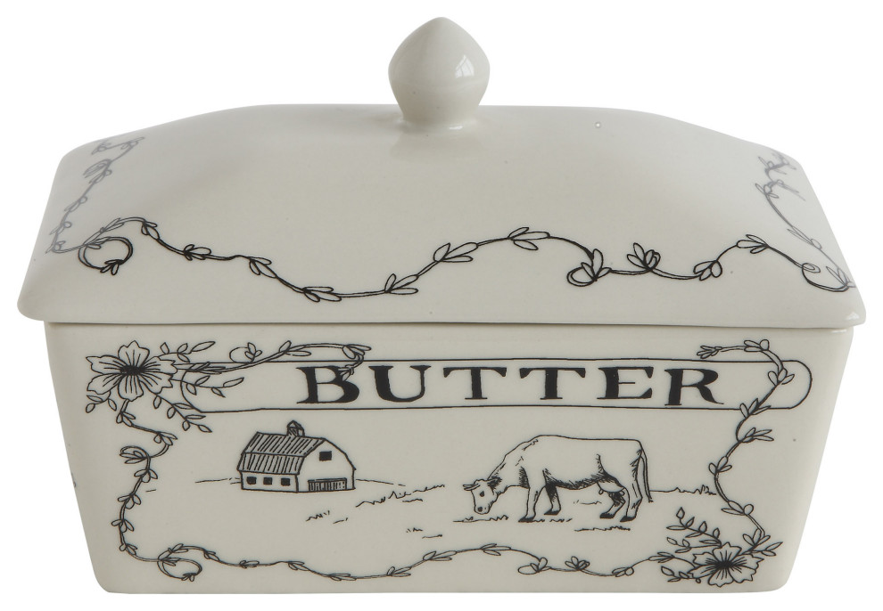 Country Style White/Black Stoneware Butter Dish With Lid