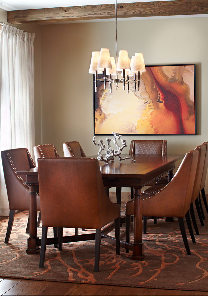 Design ideas for a mid-sized transitional open plan dining in Denver with beige walls and dark hardwood floors.