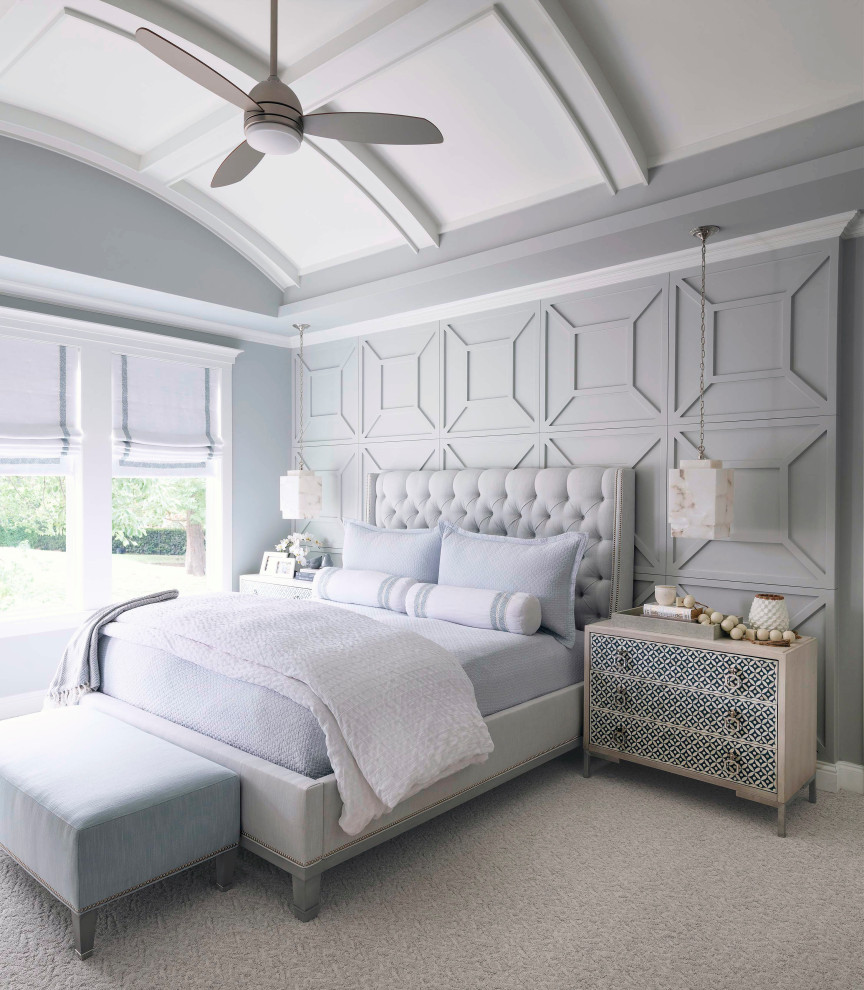 Inspiration for a transitional carpeted, gray floor, coffered ceiling, vaulted ceiling and wall paneling bedroom remodel in Dallas with gray walls