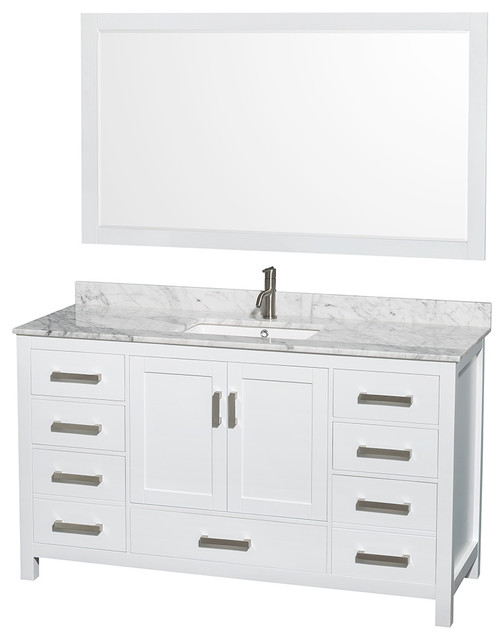 Sheffield 60" White Single Vanity, Carrera Marble Top and Undermount