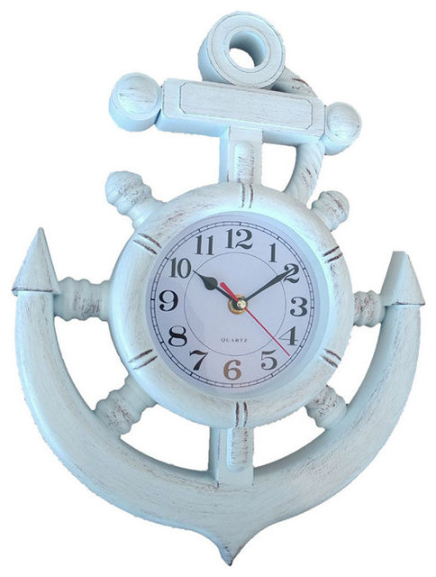 Whitewashed Ship Wheel And Anchor Wall Clock 15