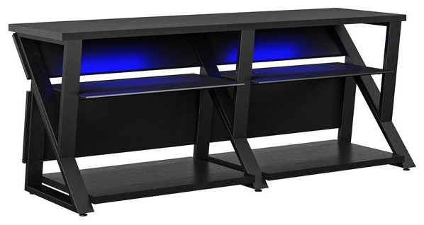 Contemporary Entertainment Center, Open Glass Shelves With RGB LED Lights, Black
