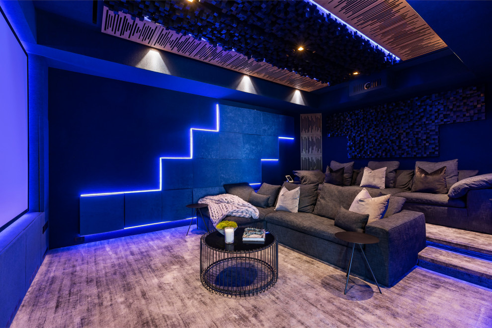 Cette image montre une salle de cinéma minimaliste de taille moyenne et fermée avec moquette, un téléviseur fixé au mur et un sol gris.