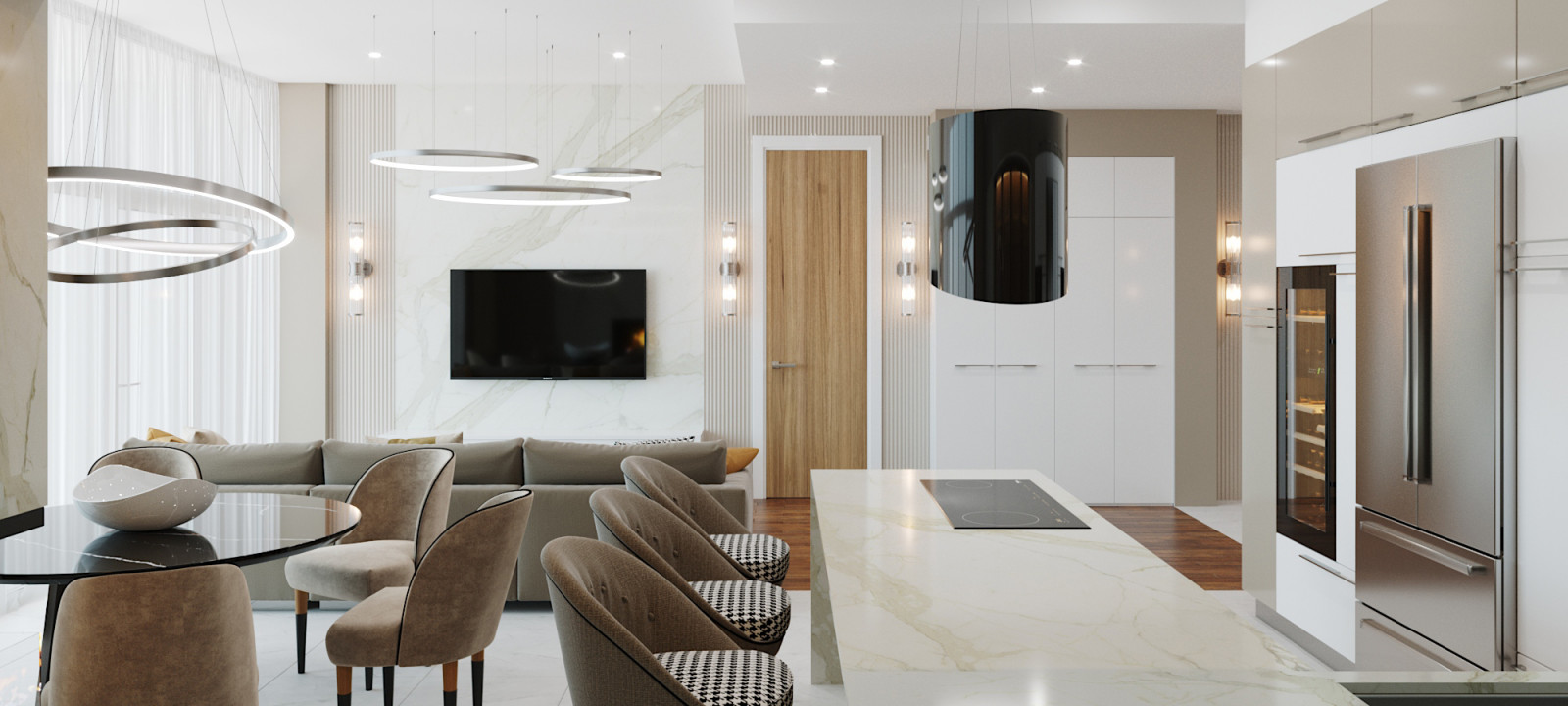 Кухня-гостиная в бежевых тонах