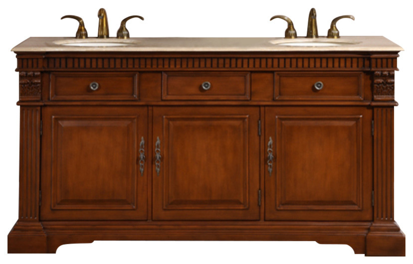 67 Inch Brown Bathroom Vanity With Double Sink Travertine Top Traditional