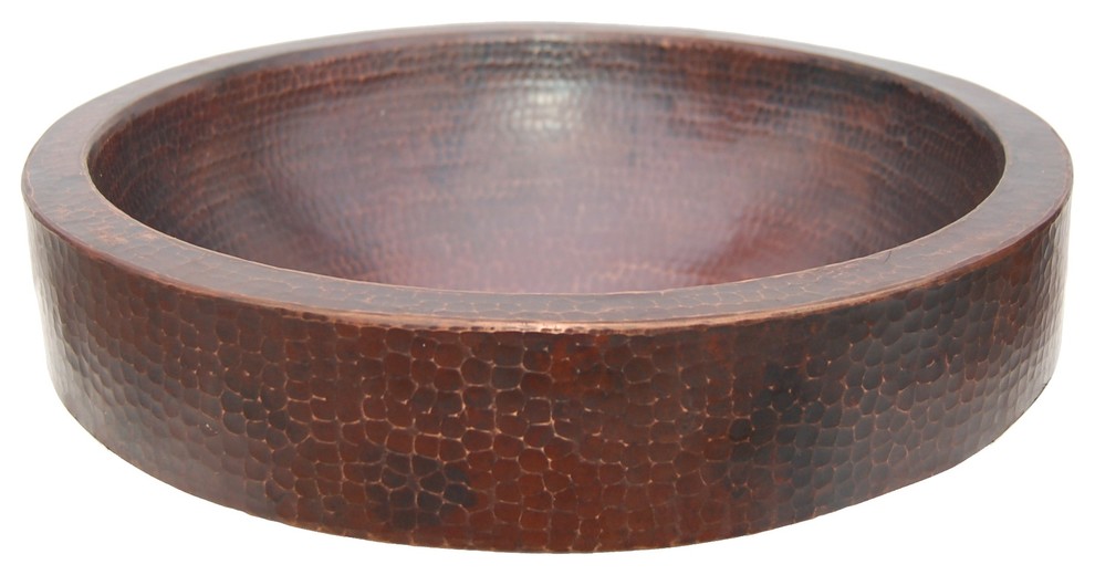 Rustic Dark Copper Semi Recessed Round Bathroom Vessel Sink, 17 Inch