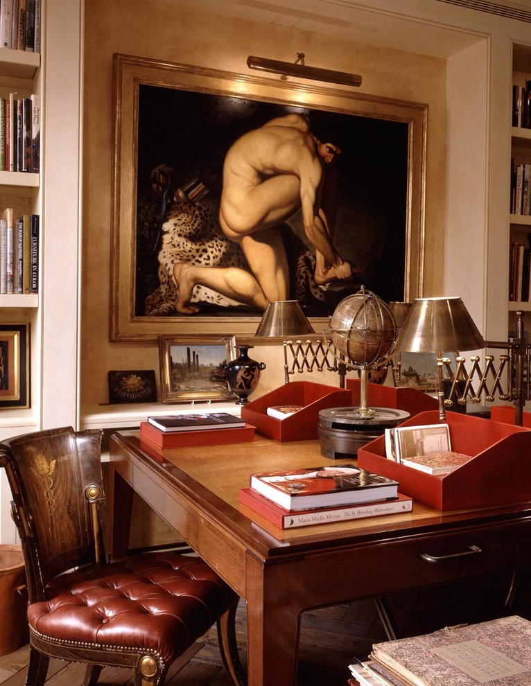 Inspiration for a traditional home office in New York with beige walls and a freestanding desk.