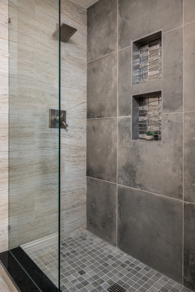 This is an example of a mid-sized modern master bathroom in Dallas with recessed-panel cabinets, white cabinets, an alcove shower, a one-piece toilet, multi-coloured tile, mosaic tile, grey walls, light hardwood floors, an undermount sink, marble benchtops, grey floor and an open shower.