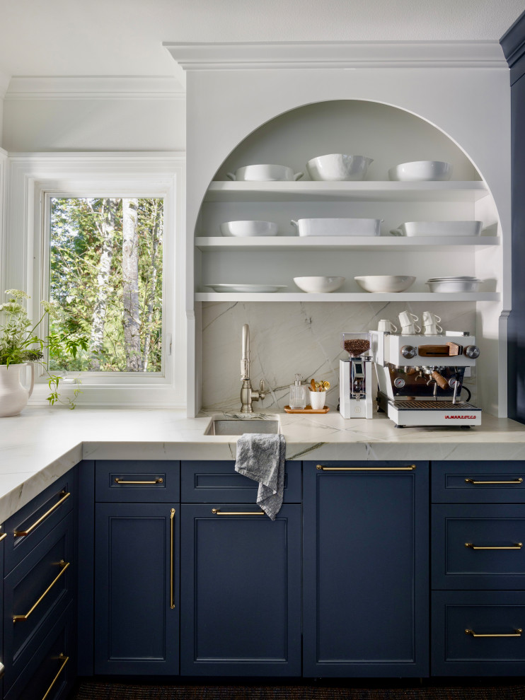 Mid-sized eclectic dark wood floor and brown floor kitchen photo in Seattle with an undermount sink, beaded inset cabinets, blue cabinets, quartzite countertops, paneled appliances and an island