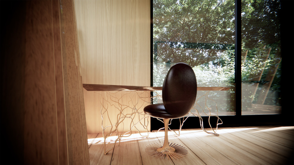 Foto de despacho actual de tamaño medio con paredes multicolor, suelo de madera clara, escritorio independiente, madera y panelado
