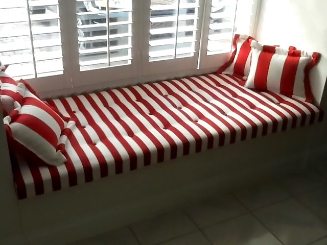 Red And White Striped Window Seat Cushion And Pillows Beach