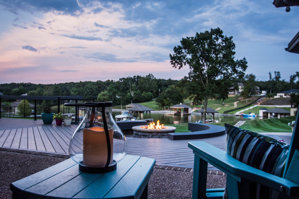 Deck - large transitional backyard deck idea with a fire pit and no cover